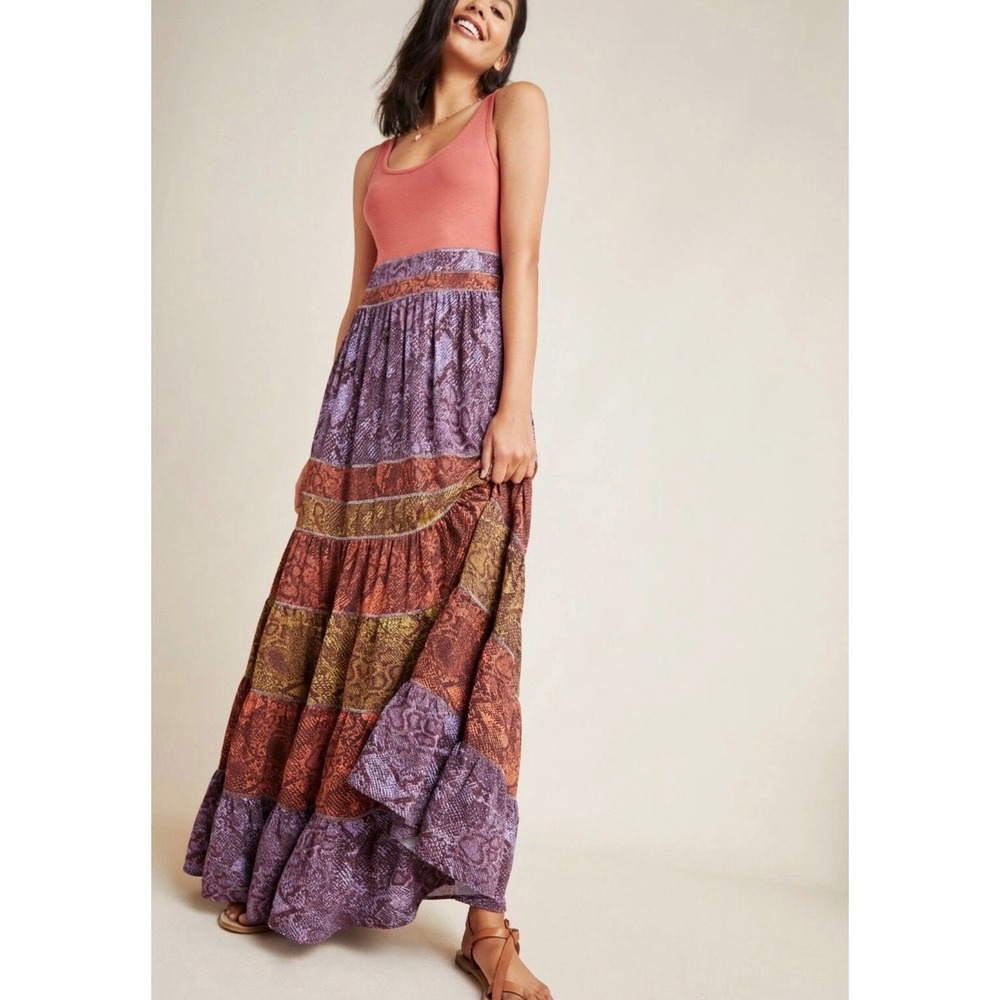 Anthropologie Boho Snakeskin Print Colima Maxi Dress Orange Purple Sleeveless - Picture 2 of 14